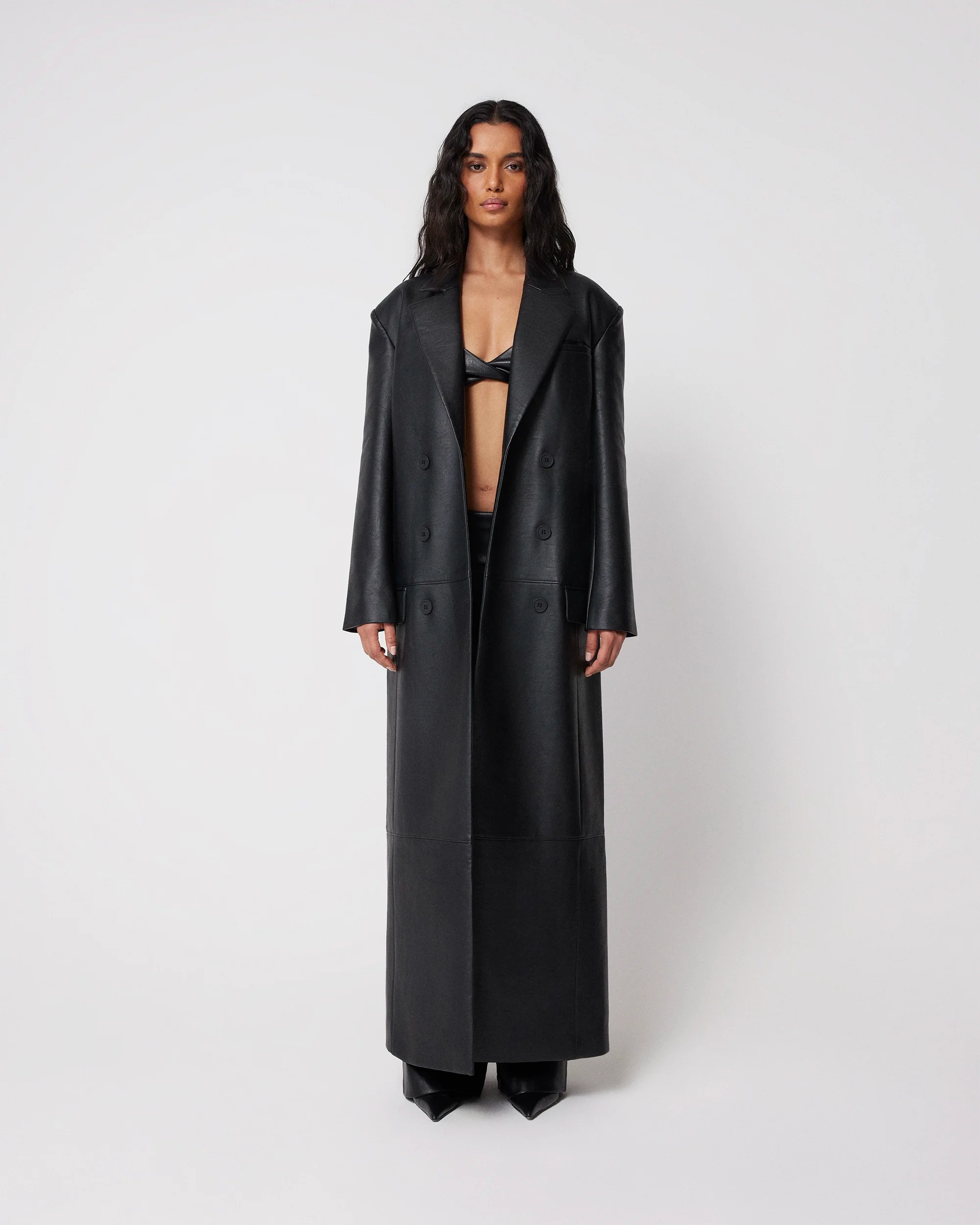 Faux Leather Double Breasted Long Coat | Black - Image 3