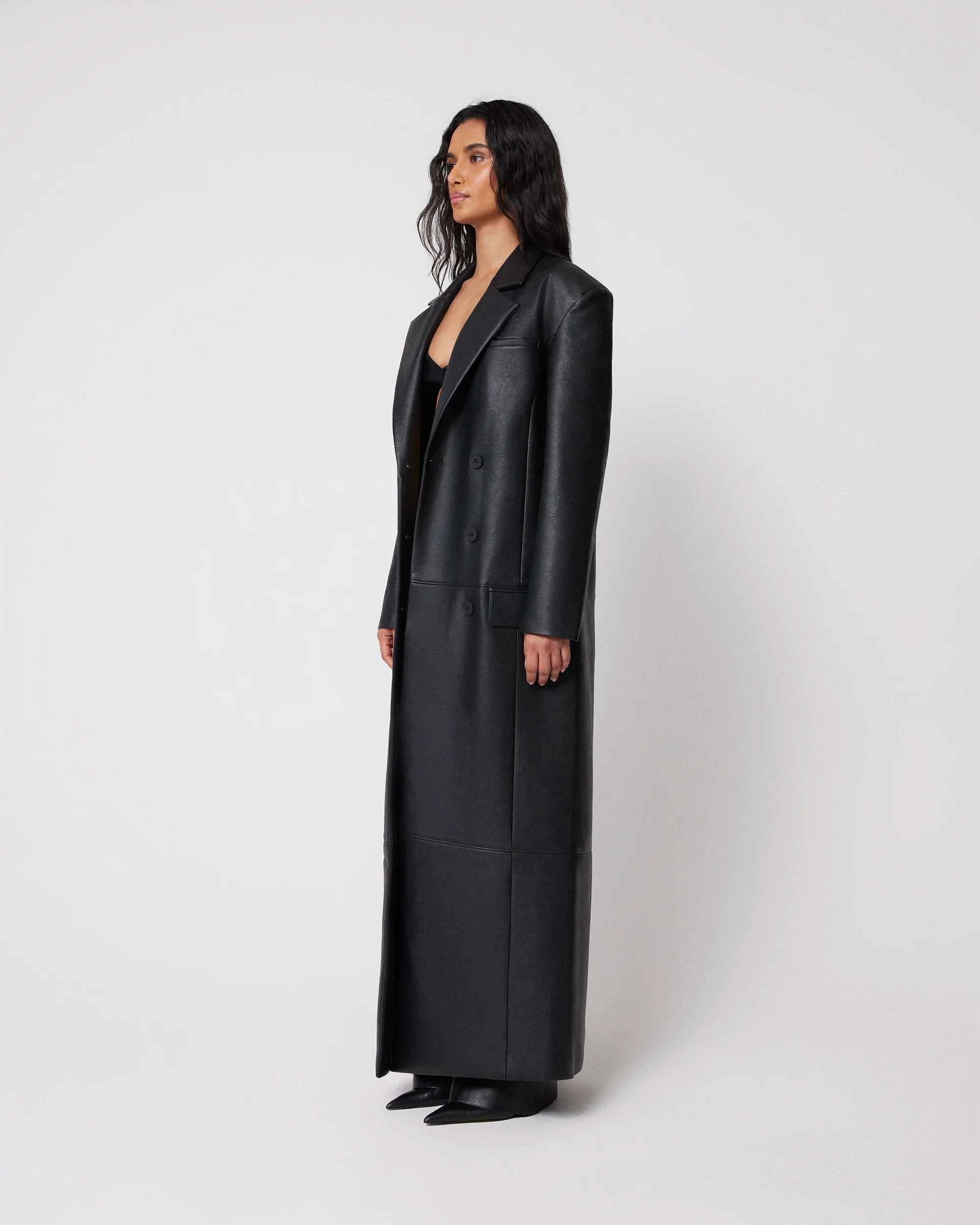 Faux Leather Double Breasted Long Coat | Black - Image 4