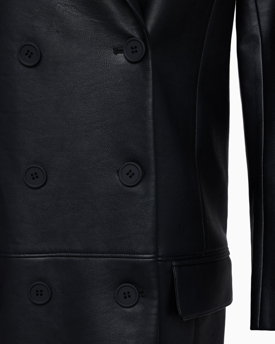 Faux Leather Double Breasted Long Coat | Black - Image 7