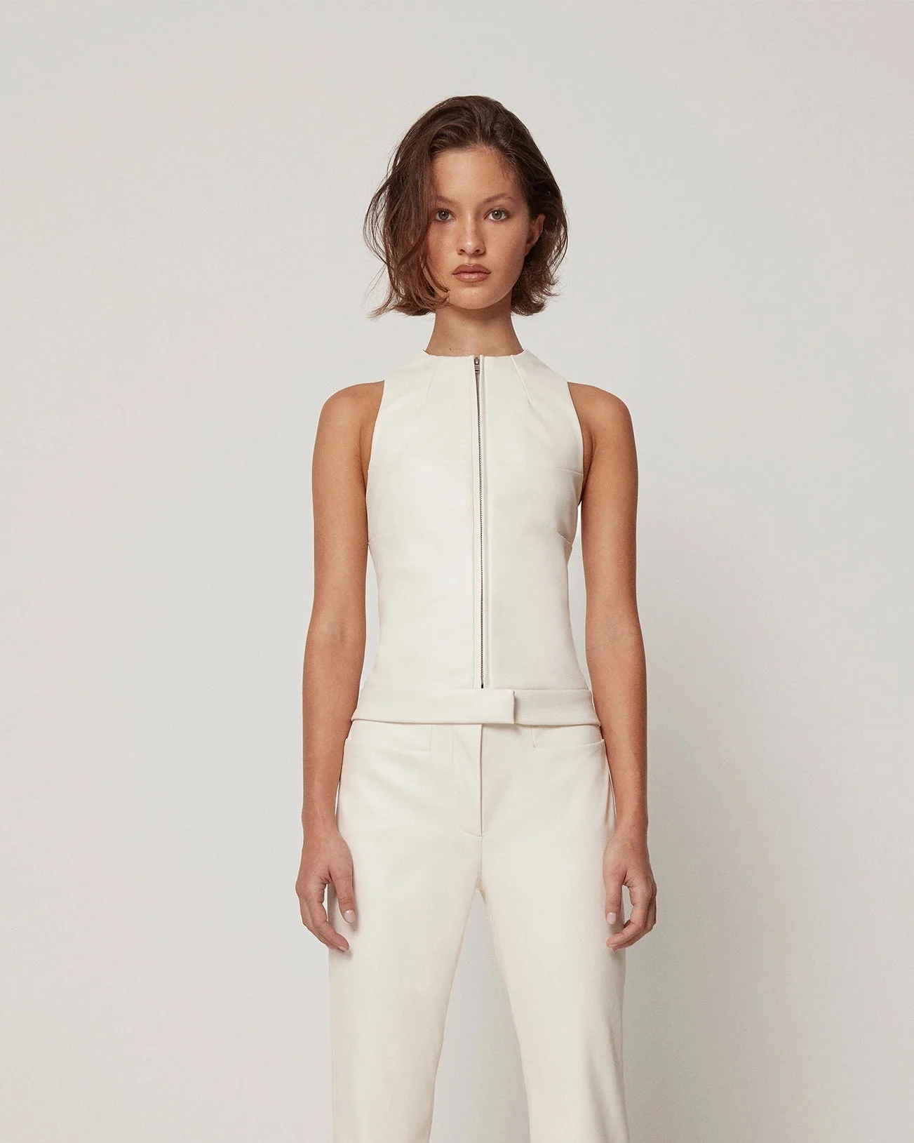 Faux Leather Zip Up Tank | Chalk - Image 3