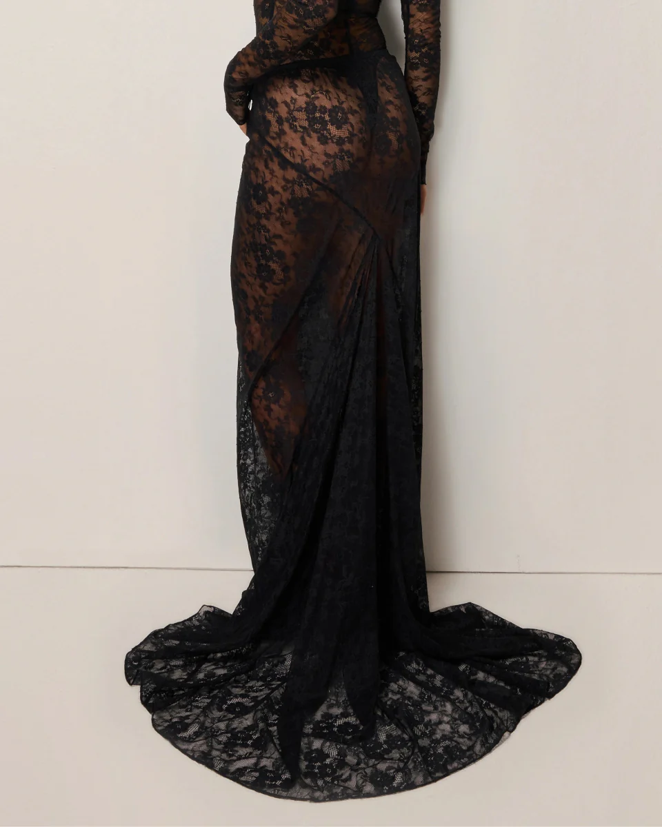 Lace Maxi Skirt With Train | Black - Image 4
