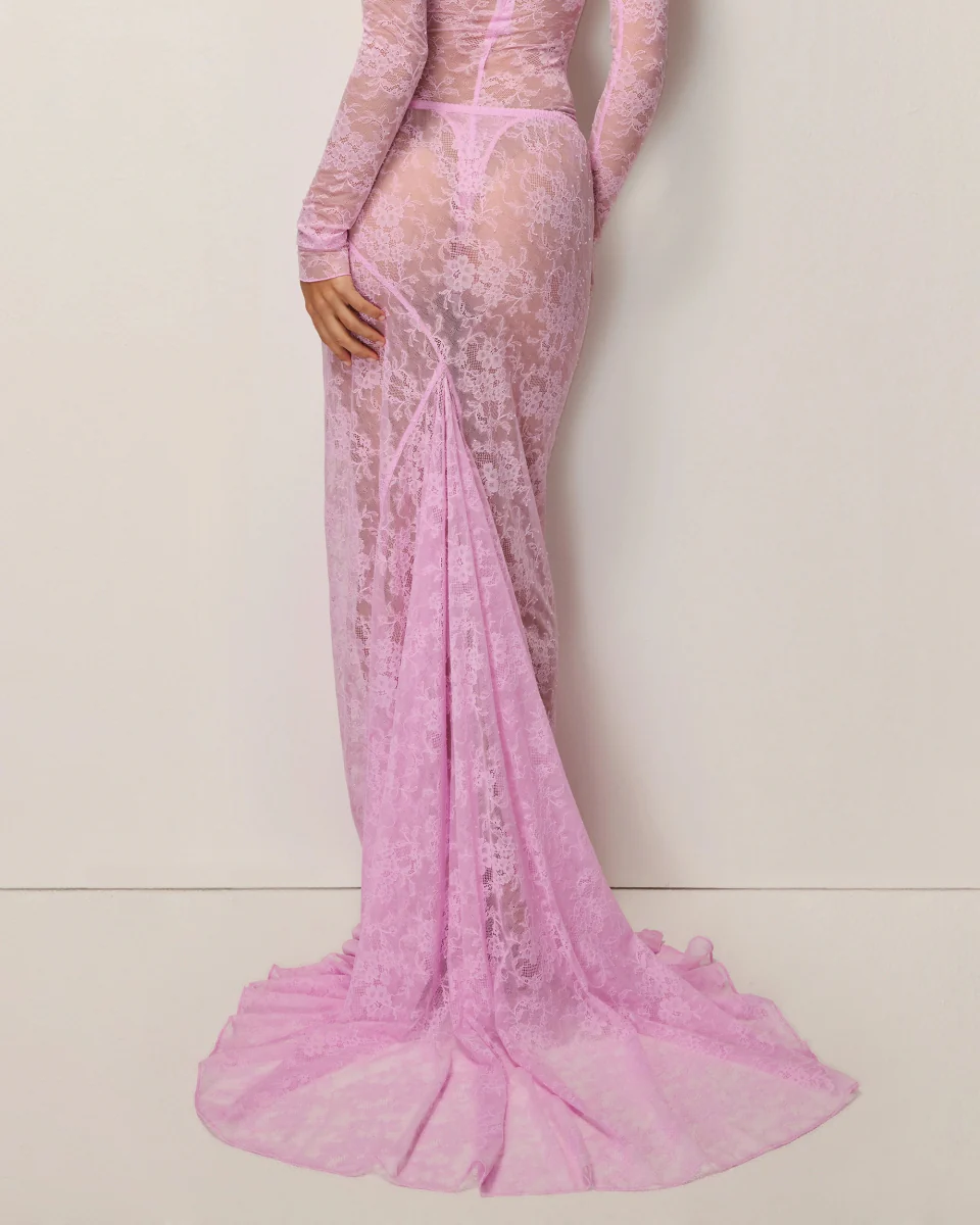 Lace Maxi Skirt With Train | Powder Pink - Image 3
