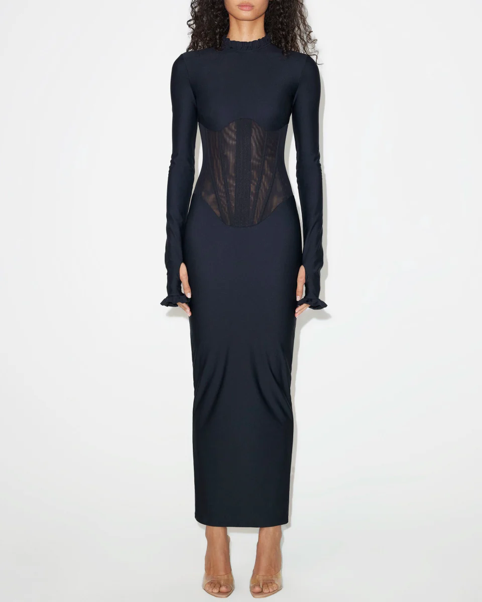 Long Sleeve Corset Dress | Black - Image 3