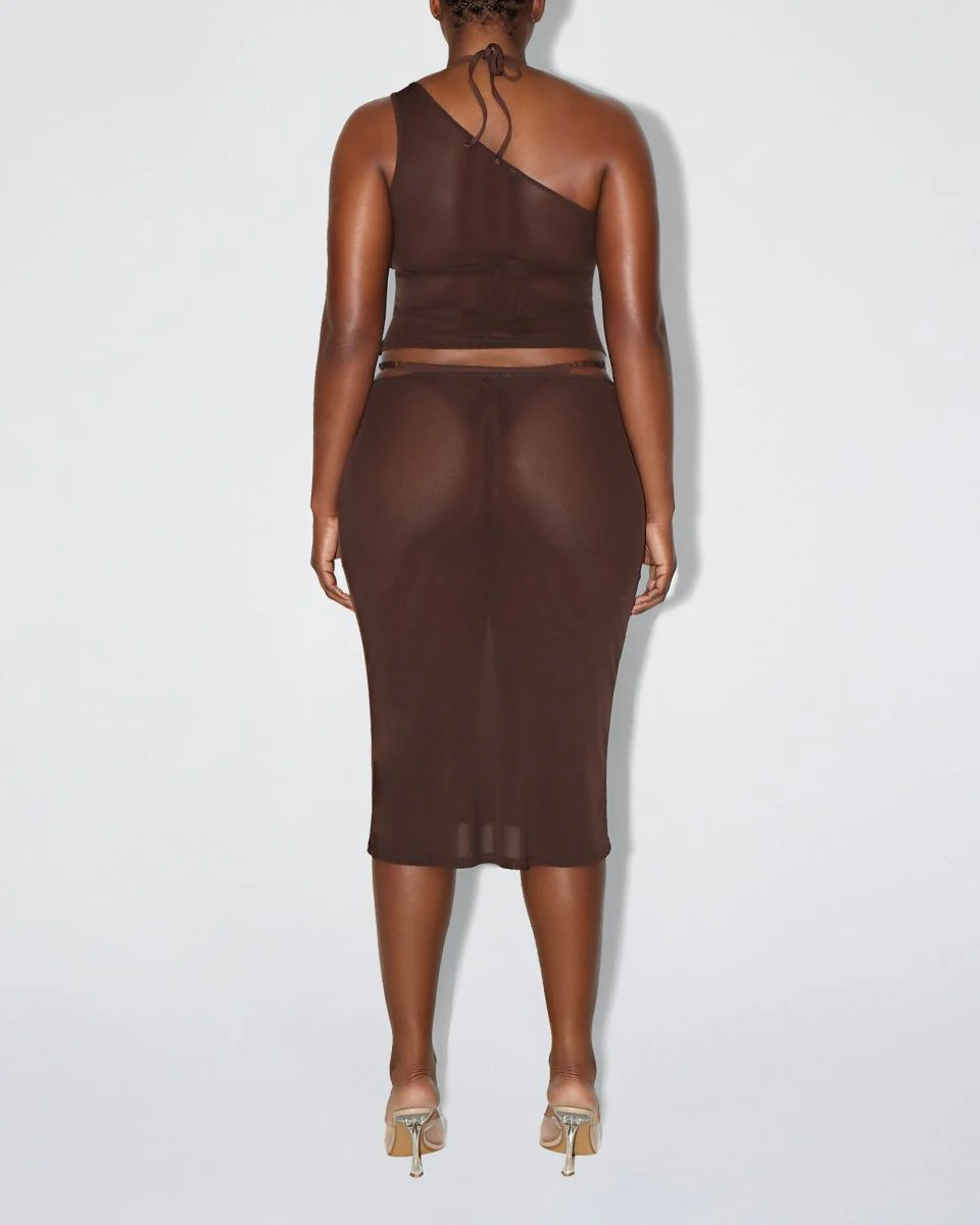 Mesh One Shoulder Top | Chocolate - Image 3