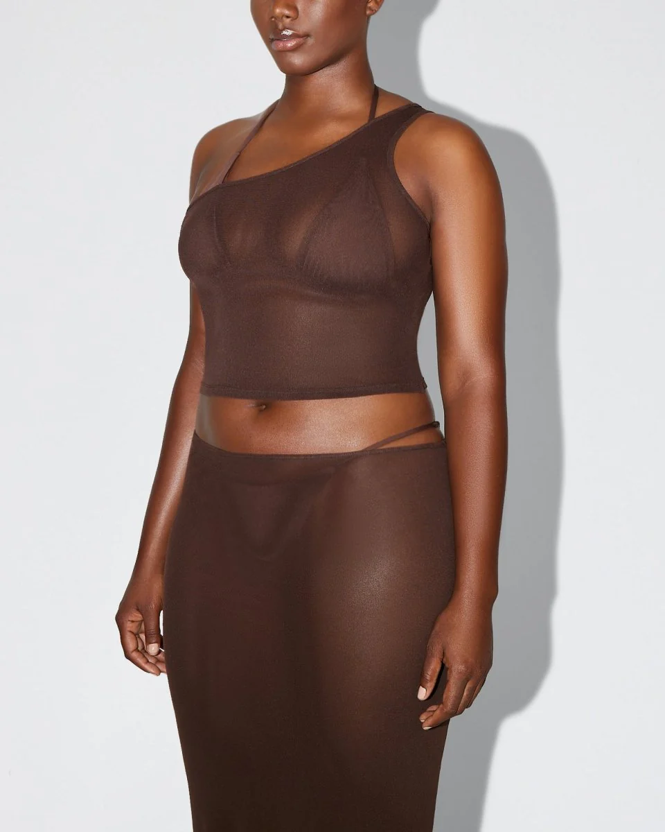 Mesh One Shoulder Top | Chocolate - Image 4
