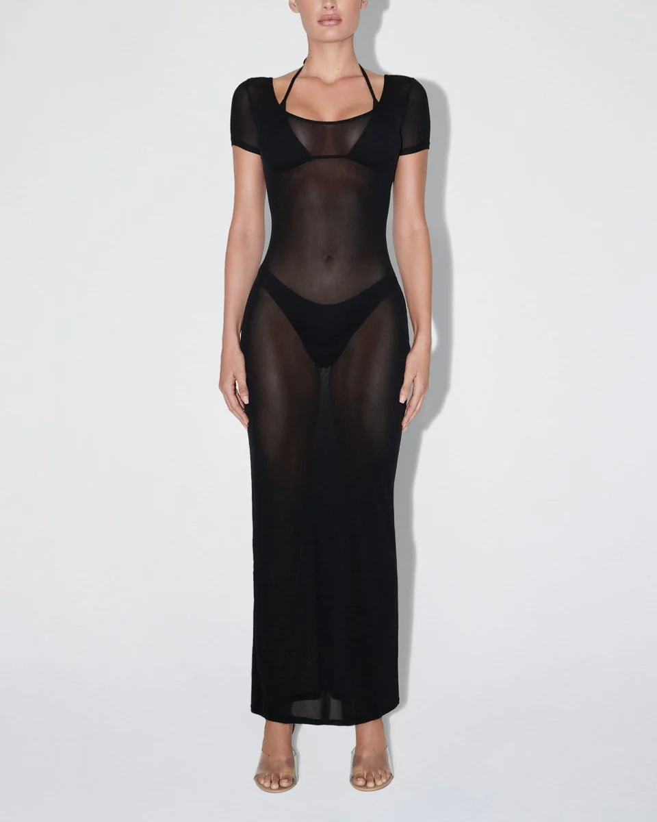 Mesh Scoop Neck Maxi Dress | Black - Image 3