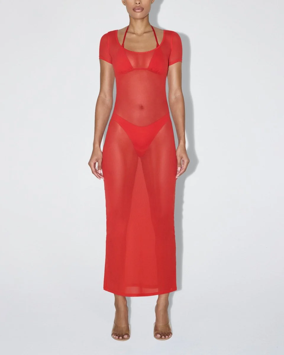 Mesh Scoop Neck Maxi Dress | Cherry - Image 3