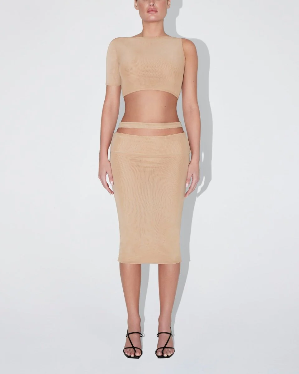 Mesh Stretch Cutout Skirt | Nude - Image 3