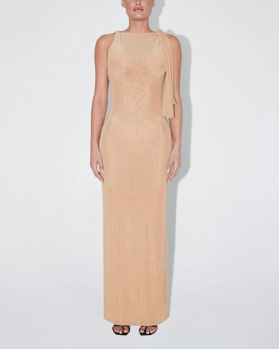 Mesh Stretch Knotted Maxi Dress | Nude