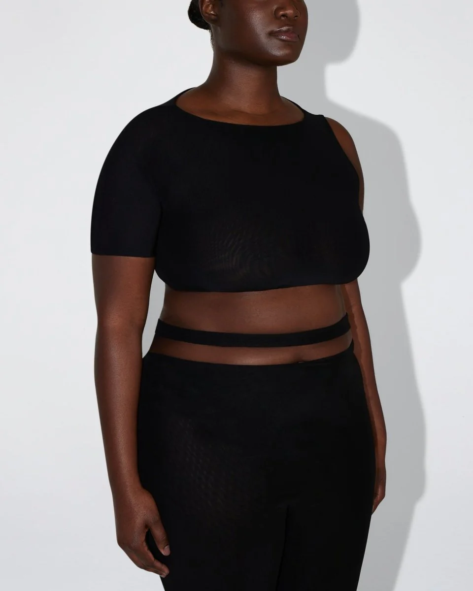 Mesh Stretch Micro One Shoulder Top | Black - Image 10