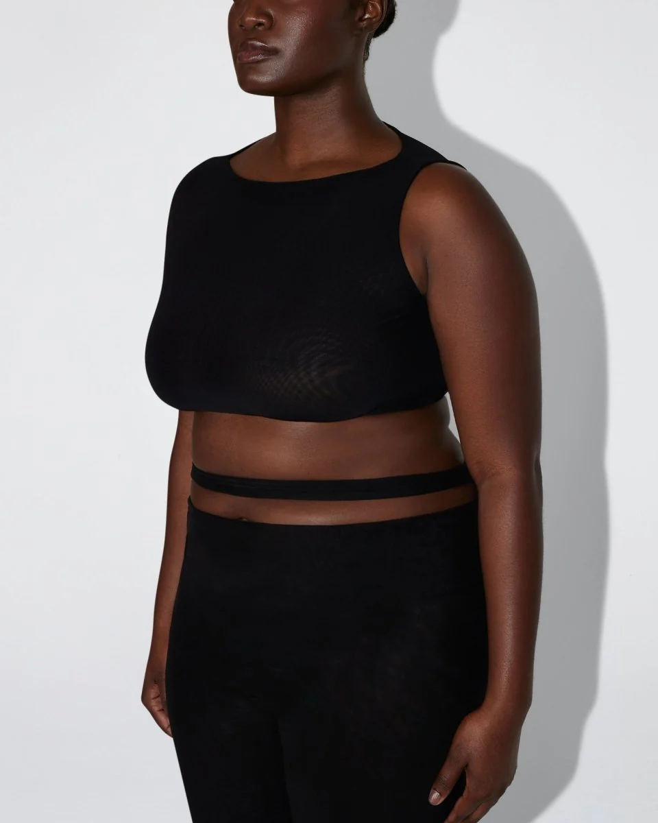 Mesh Stretch Micro One Shoulder Top | Black - Image 12