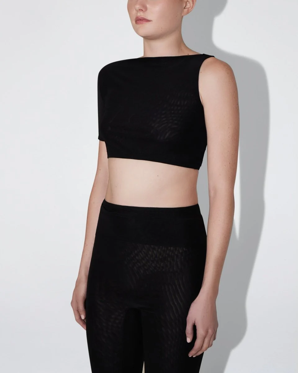 Mesh Stretch Micro One Shoulder Top | Black - Image 6