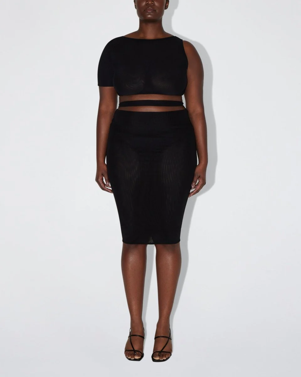 Mesh Stretch Micro One Shoulder Top | Black - Image 7