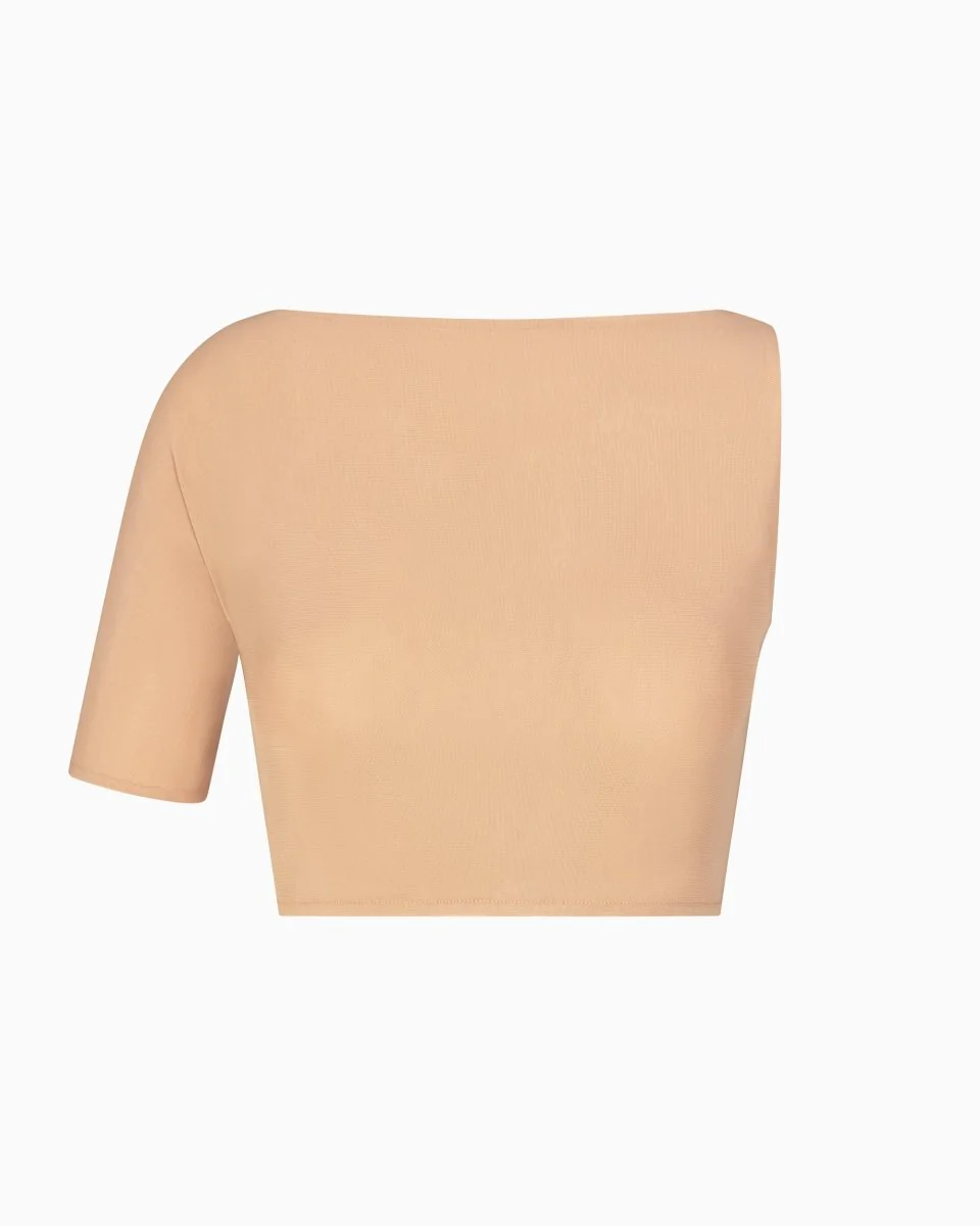 Mesh Stretch Micro One Shoulder Top | Nude - Image 2