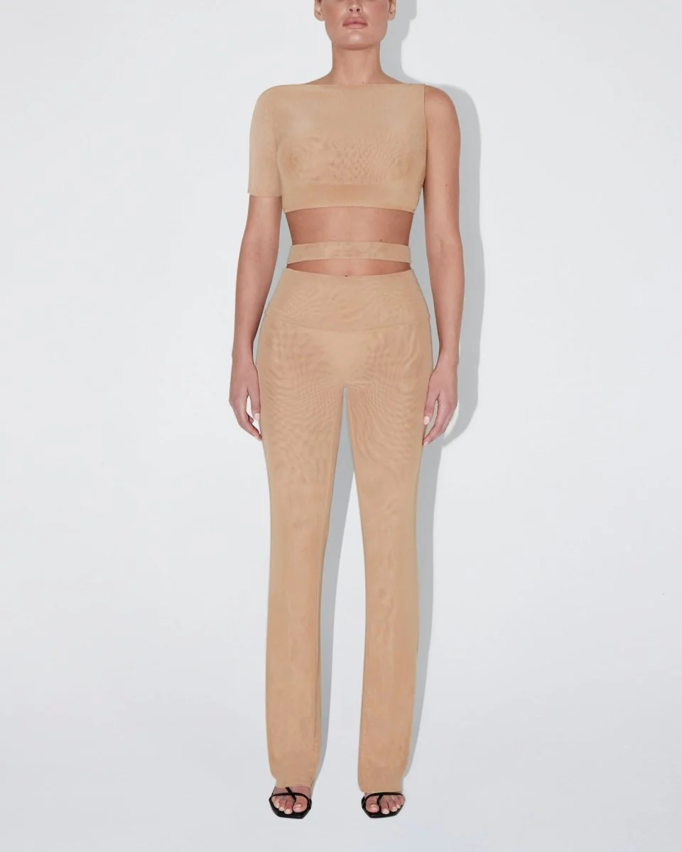 Mesh Stretch Micro One Shoulder Top | Nude - Image 3