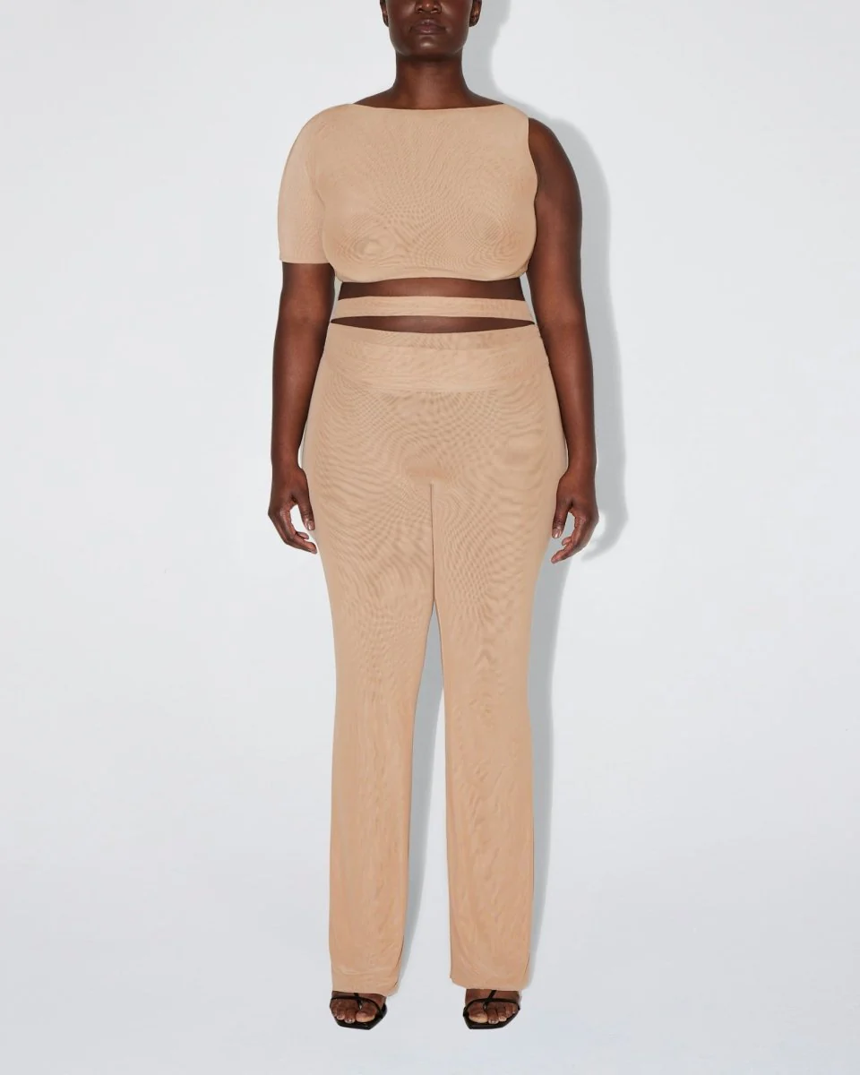 Mesh Stretch Micro One Shoulder Top | Nude - Image 7