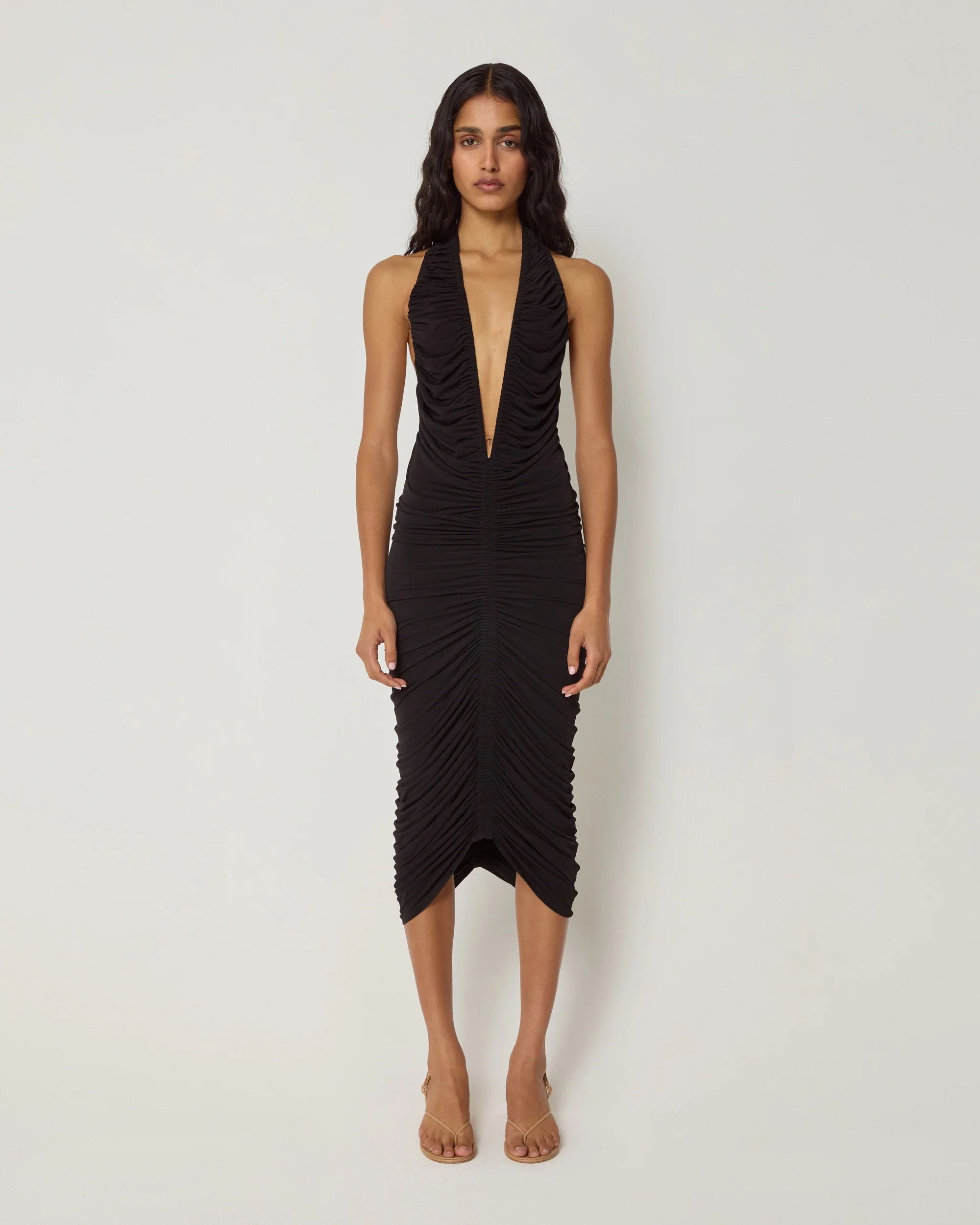 Plunging Ruched Midi Dress | Black - Image 3