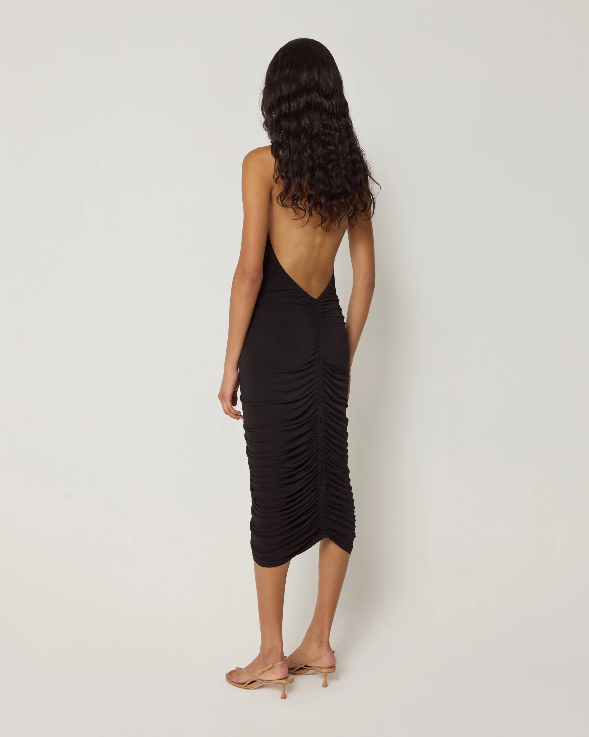 Plunging Ruched Midi Dress | Black - Image 5