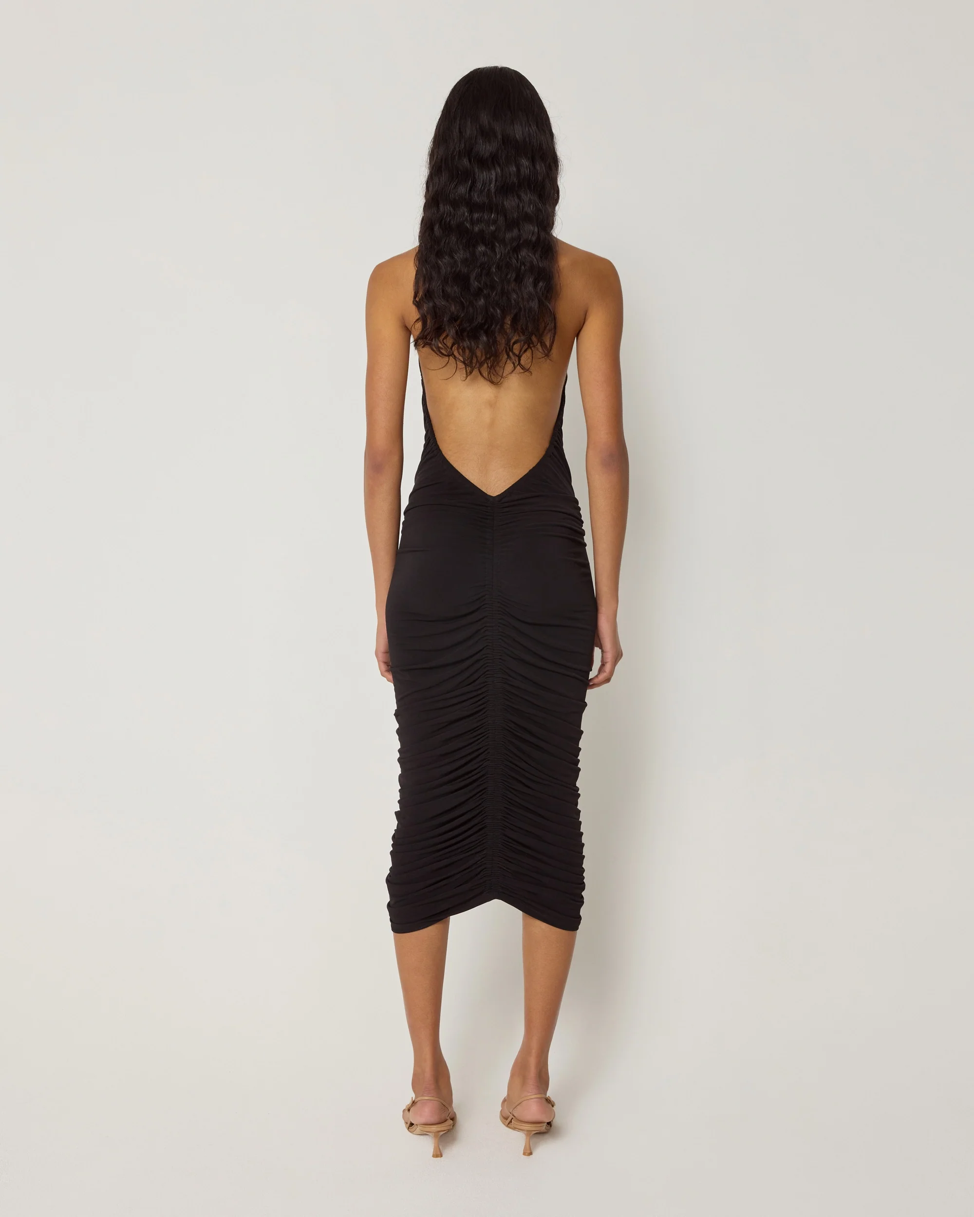 Plunging Ruched Midi Dress | Black - Image 6