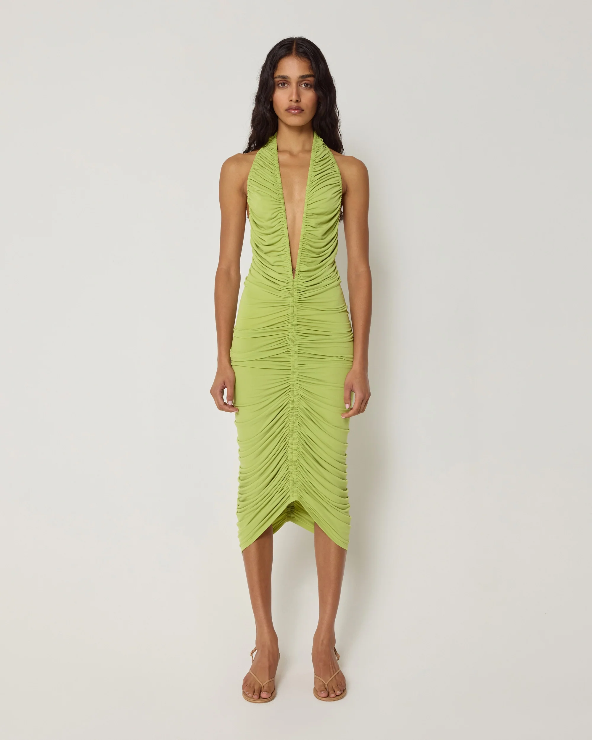 Plunging Ruched Midi Dress | Dark Citron - Image 3