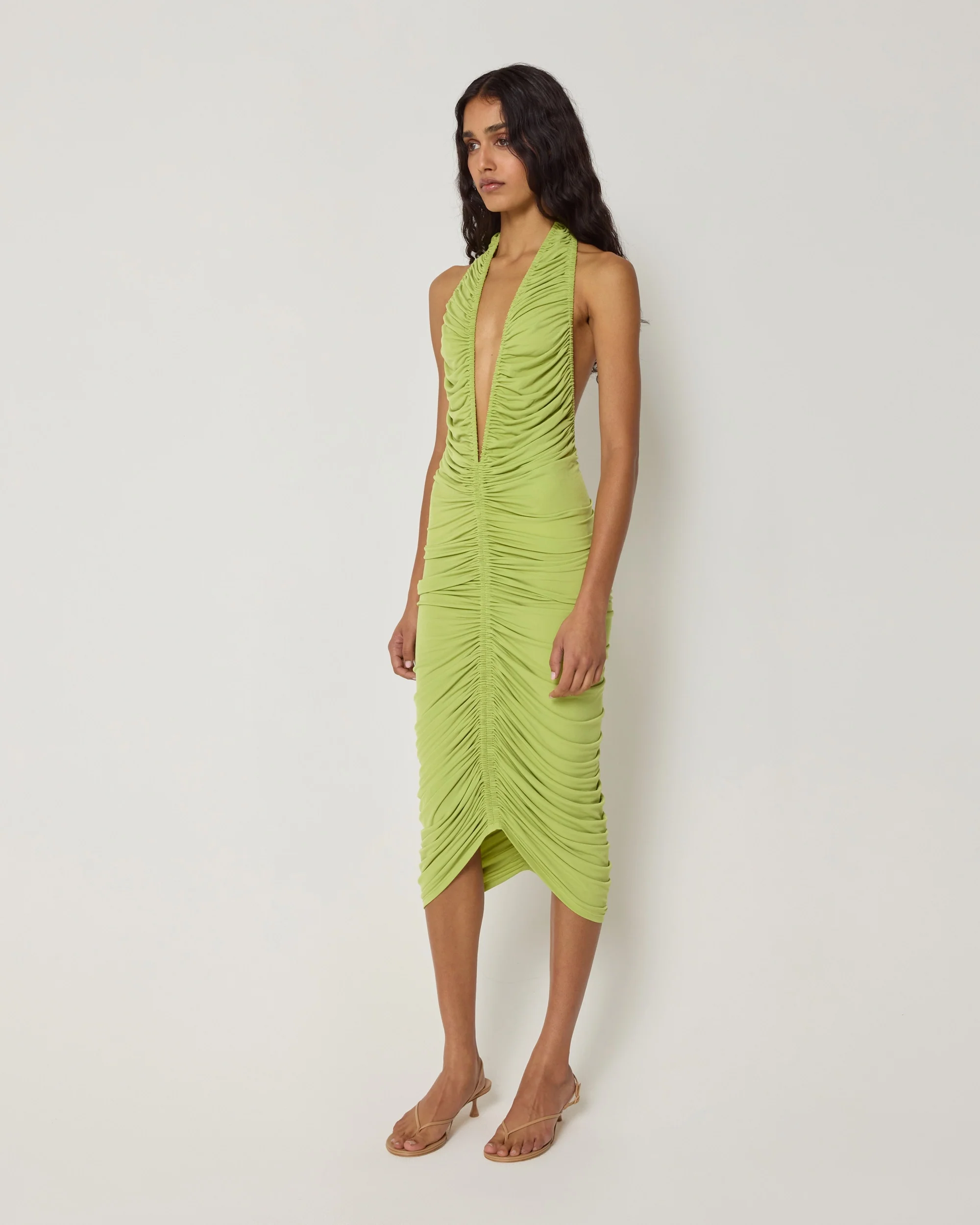 Plunging Ruched Midi Dress | Dark Citron - Image 4