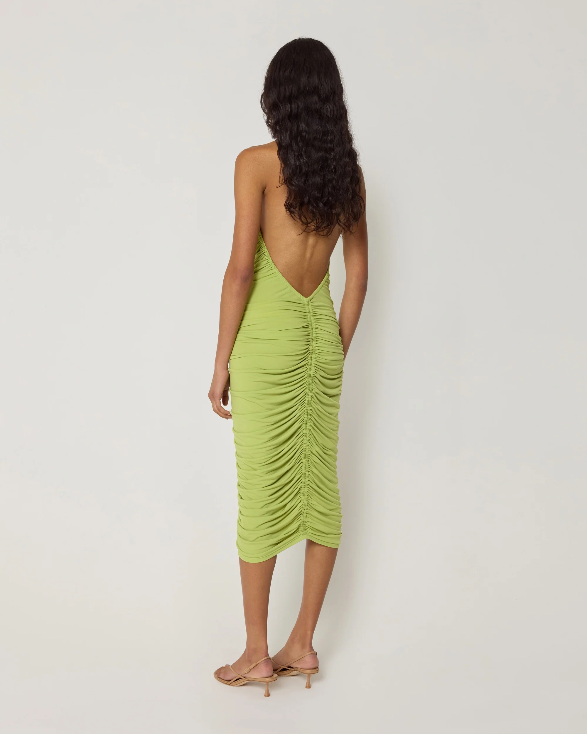 Plunging Ruched Midi Dress | Dark Citron - Image 5