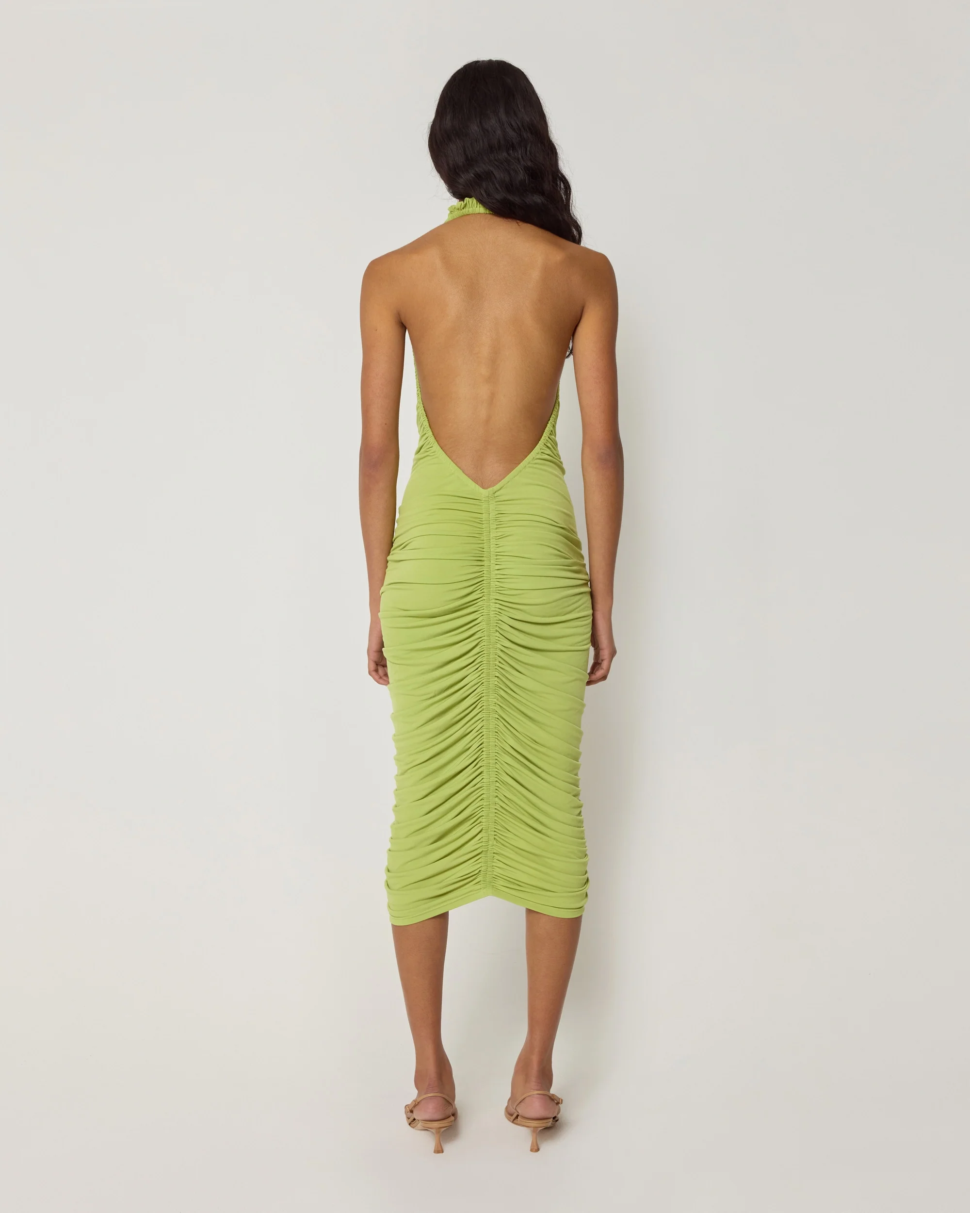 Plunging Ruched Midi Dress | Dark Citron - Image 6