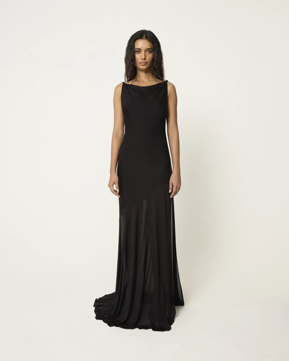 Sheer Draped Long Dress | Black - Image 3