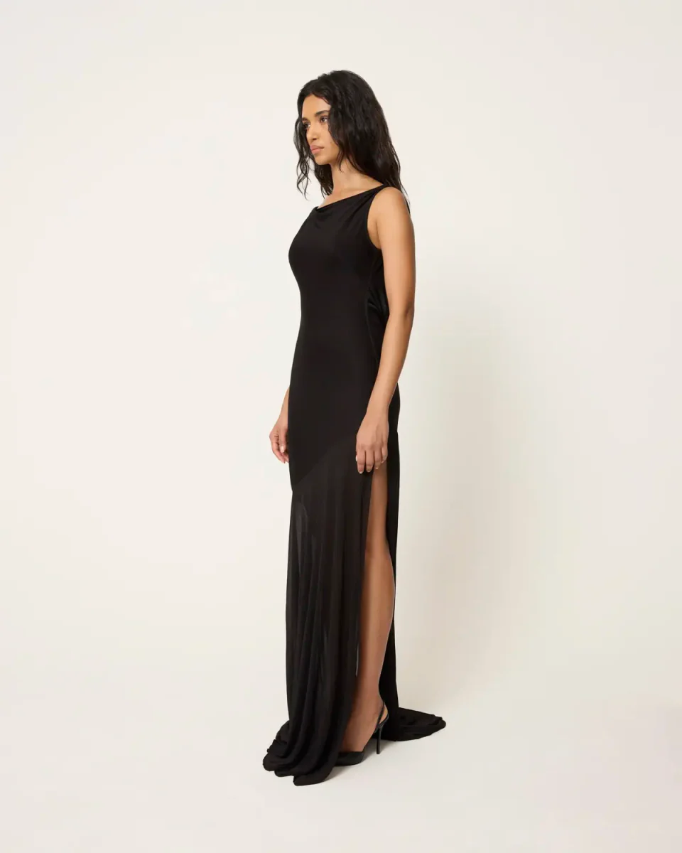 Sheer Draped Long Dress | Black - Image 4