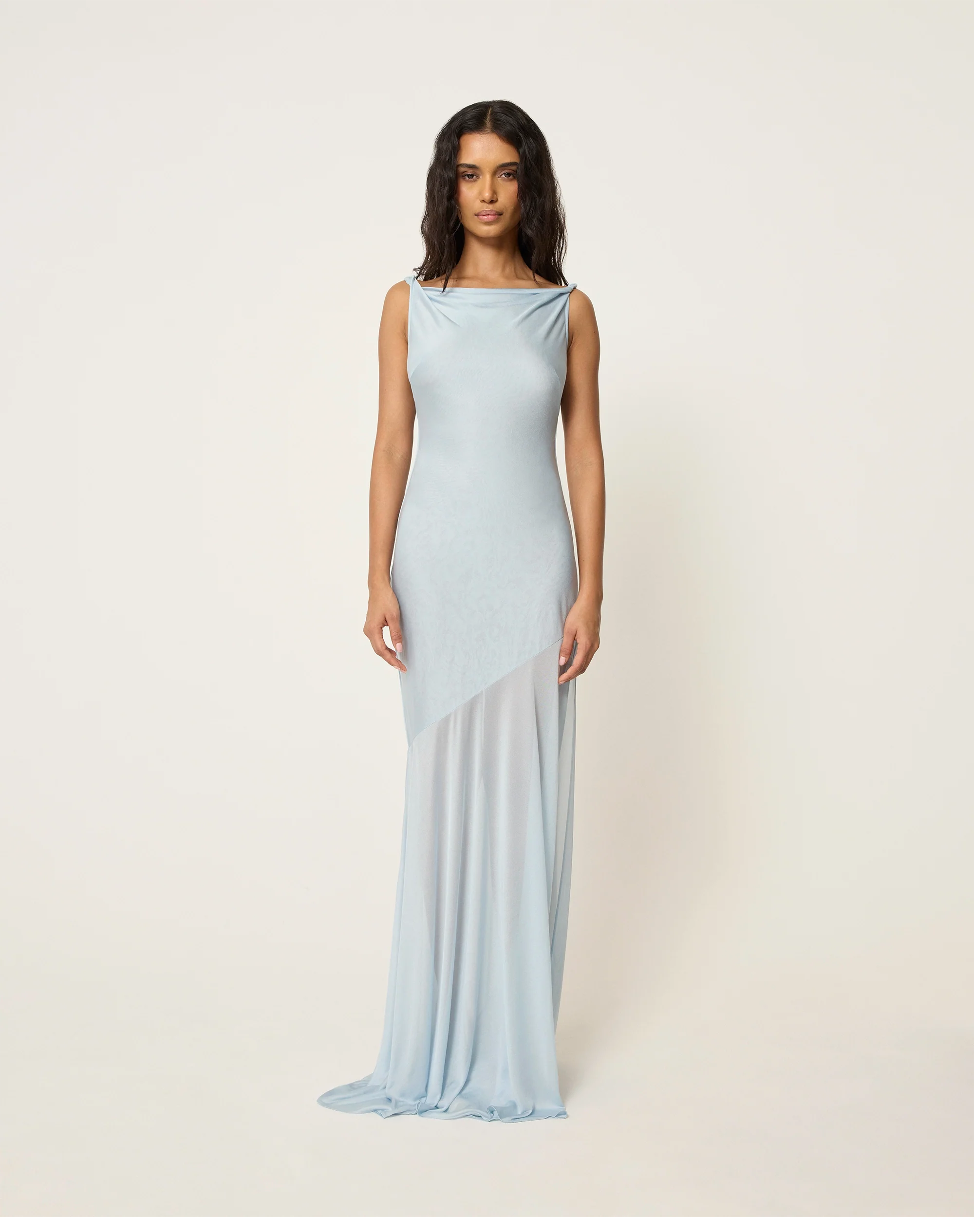 Sheer Draped Long Dress | Lt Blue - Image 3