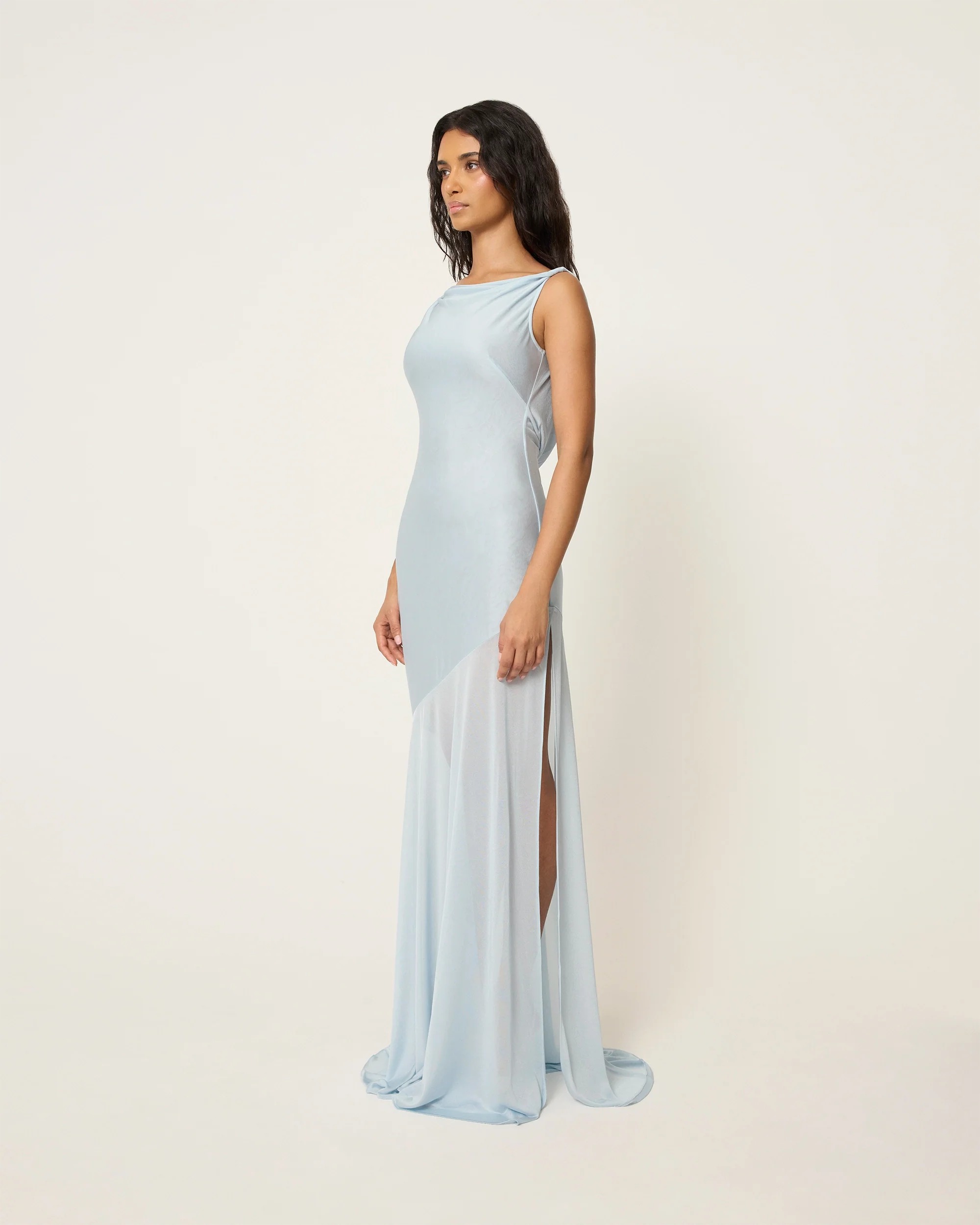Sheer Draped Long Dress | Lt Blue - Image 4