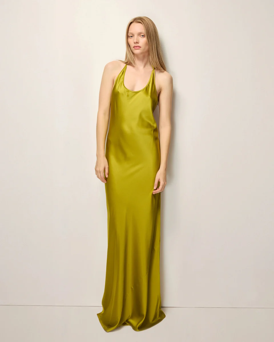 Silk Asymmetric Bias Gown | Golden Olive - Image 3