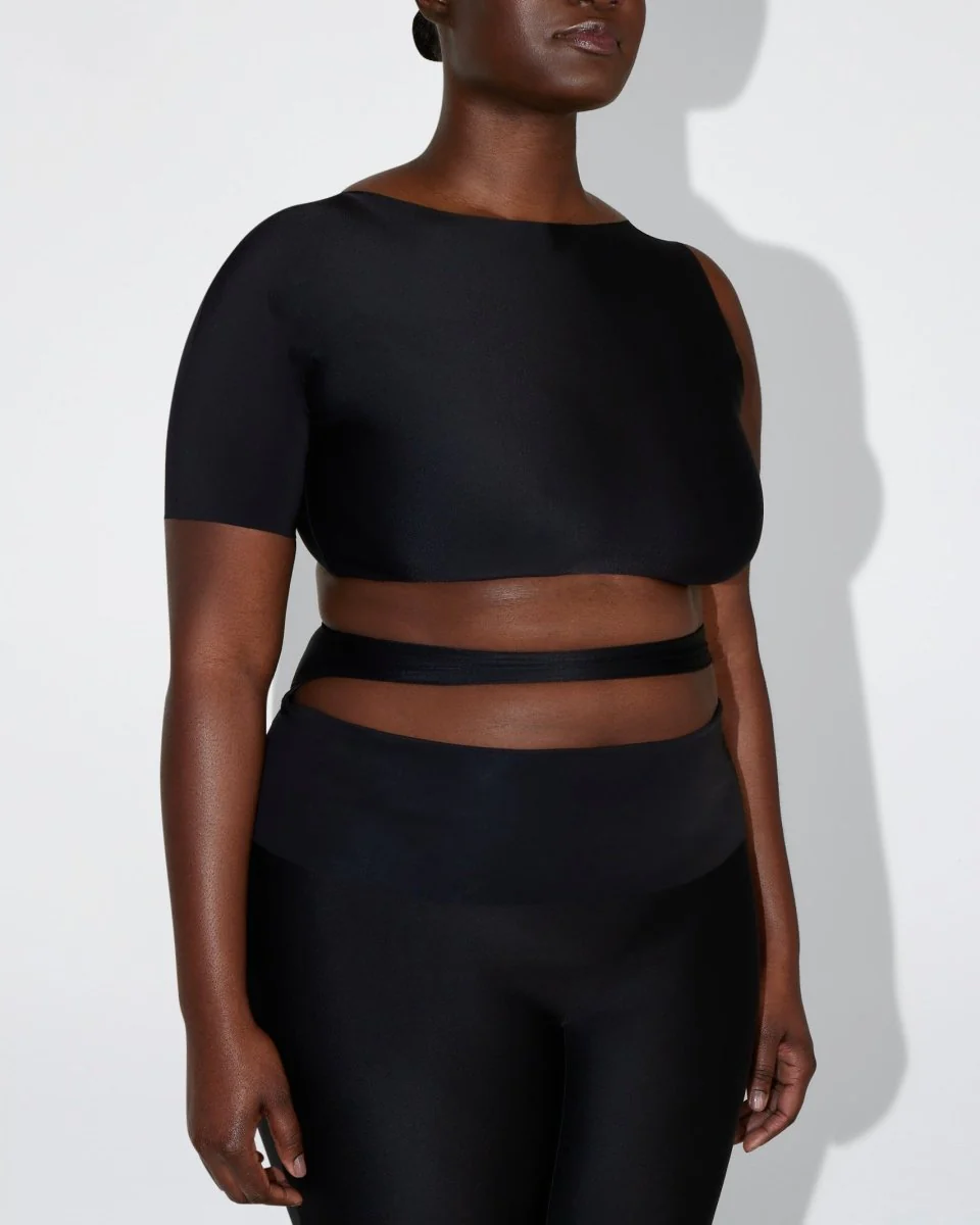 Sleek Stretch Micro One Shoulder Top | Black - Image 10