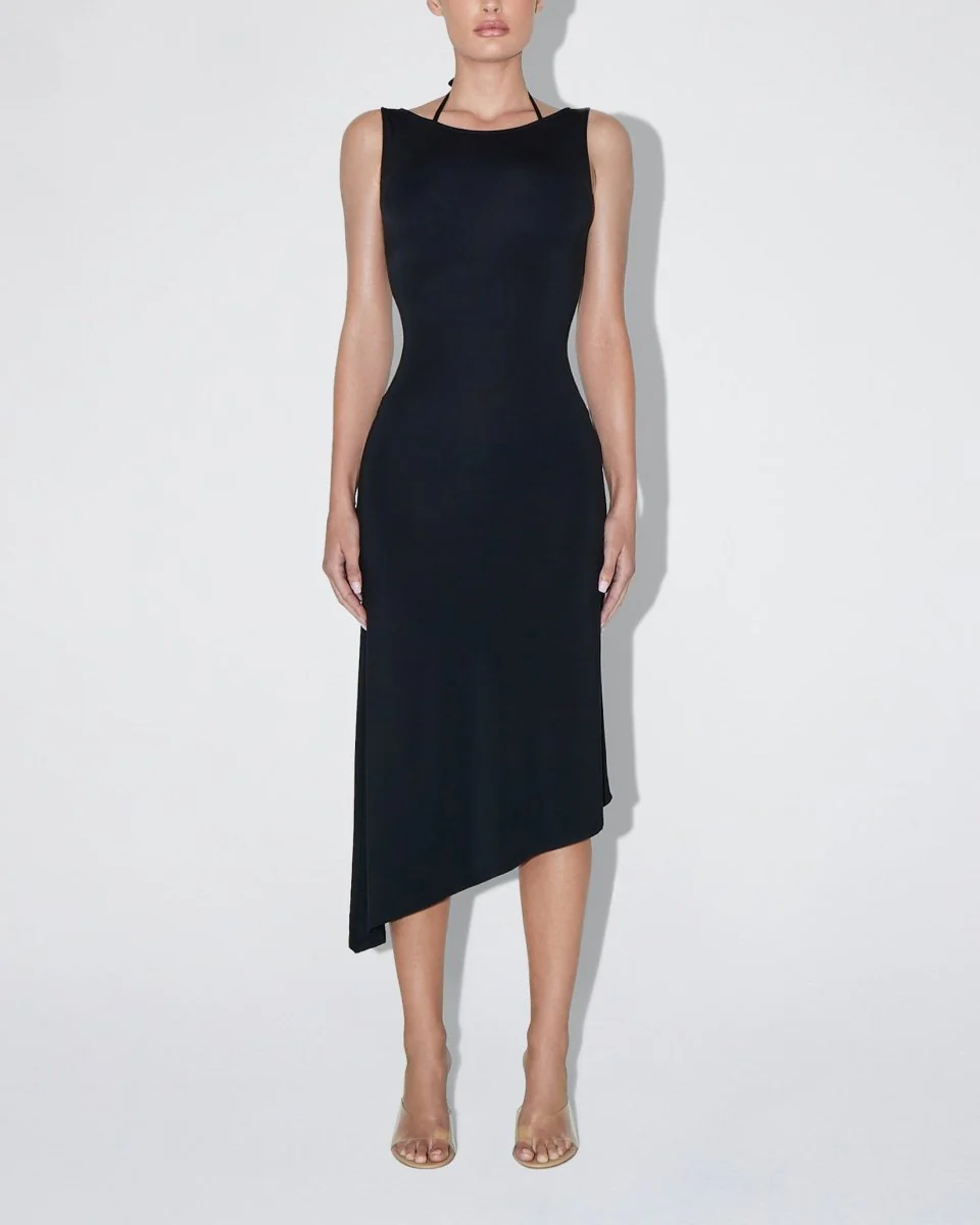 Soft Stretch Asymmetrical Midi Dress | Black - Image 3